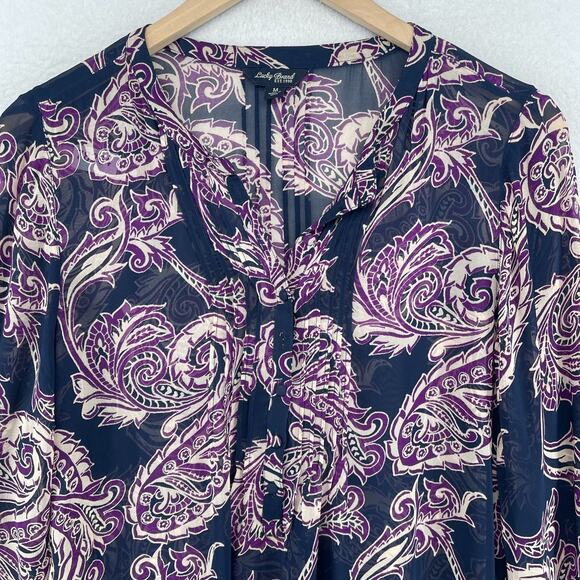 LUCKY BRAND Top Womens M Paisley Popover Chiffon Tunic Blouse Pullover Purple - Picture 6 of 12